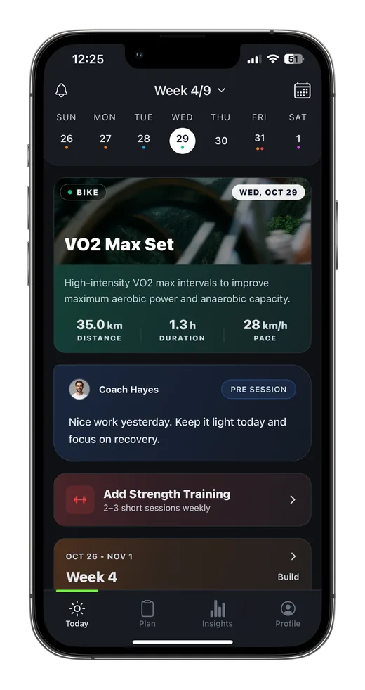 kovaa Today screen with weekly schedule and prescribed workout